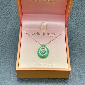 Sofia James 14KT Gold Plated Green Oval Pendant Necklace Floating Beads New York